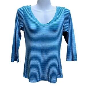 Vintage Y2K Shameless Striped Lace Trim 3/4 Sleeve Top XL Blue Coquette 90's